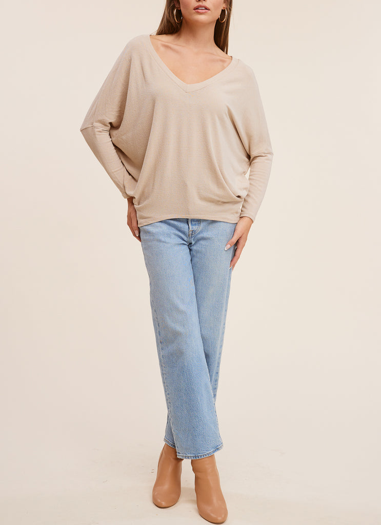 24/7 Softest V Neck Dolman Long Sleeve Top In Taupe