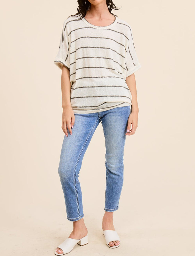 Striped Dolman Knit Short Sleeve Tee (Assorted Colors)