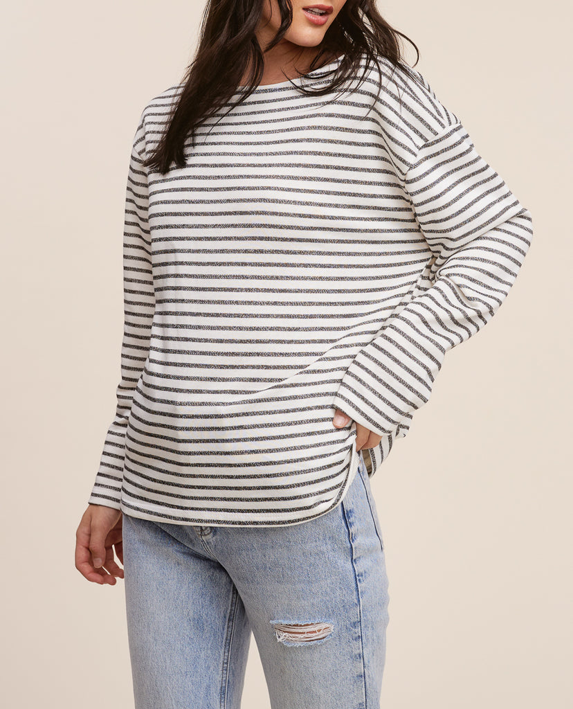 Riviera Wide Long Sleeve Knit Striped Top in White and Black