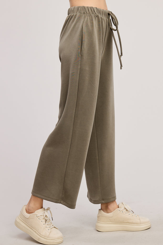 Stay Minimal Soft and Relaxed Wide Leg Drawstring Pant in Olive