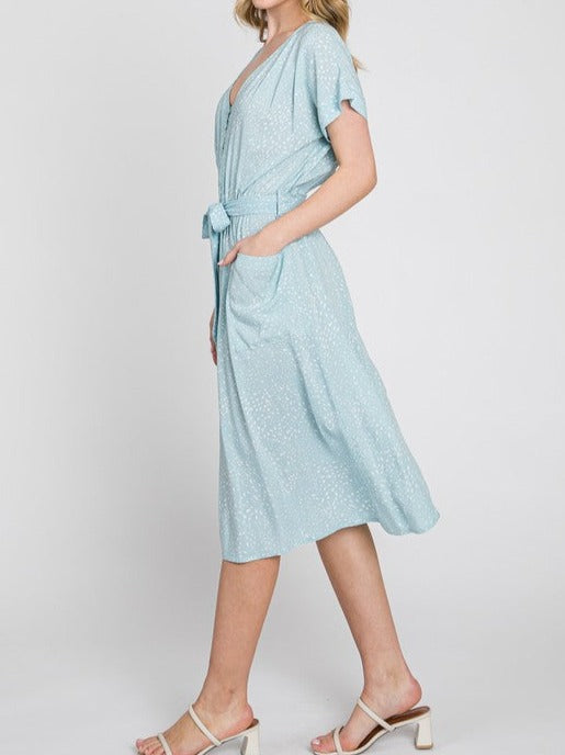 Stardew Button Down Print Dress with Belt in Mint