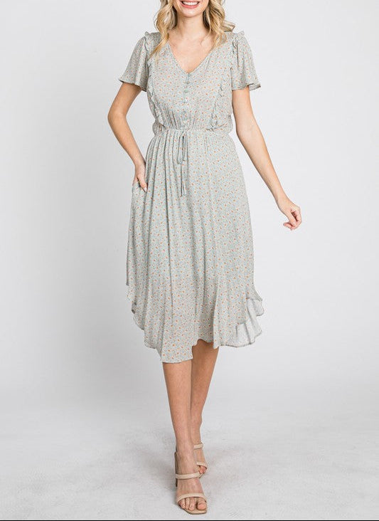 Minty Fields Floral Print Ruffle Mini Dress