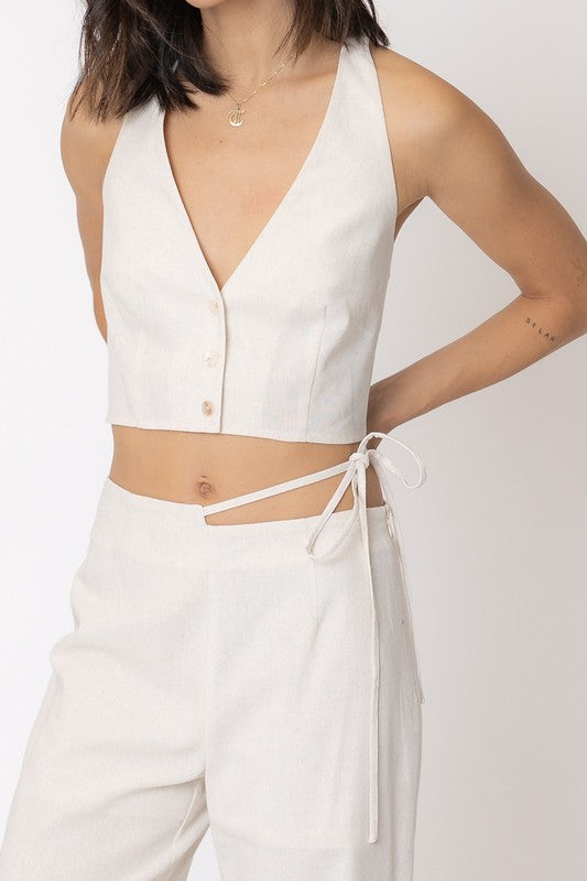 Set The Pace Button Up Cropped Halter Top In Natural