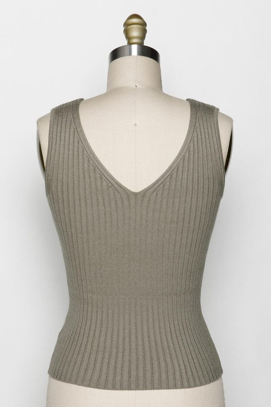 Ofelia Ribbed V-Neck Sleeveless Sweater Top in Vintage Olive