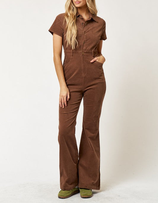 DAPHNE CORDUROY FLARE JUMPSUIT IN BROWN