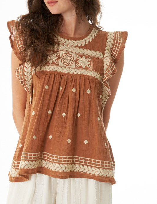 Rustic Ruffle Tank Top with Cream Embroidery Brown