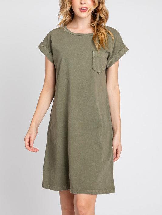 Angela Front Pocket Roll-Up Sleeve T-Shirt Dress in Olive