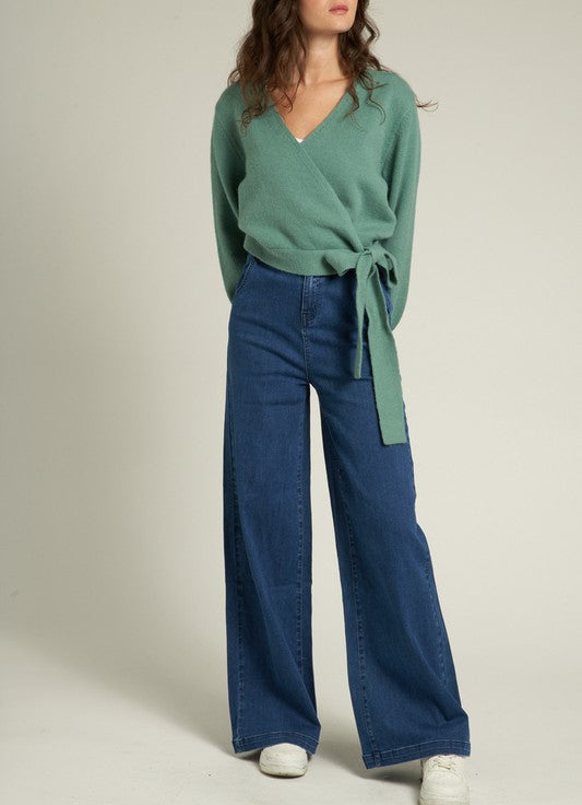 Seaside Dream Wrapped Sweater with Tie in Teal