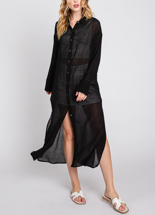 Nancy Button Up Long Shirt Dress In Black