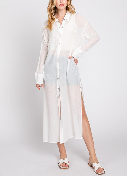 Nancy Button Up Long Shirt Dress In White