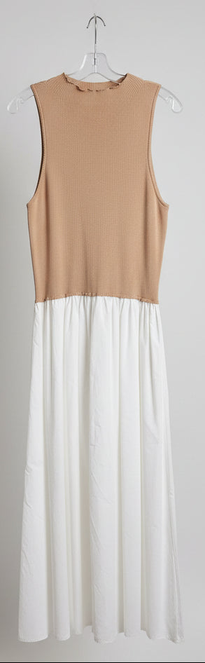 Cafe Latte Sleeveless Half and Half Poplin Dress in Taupe