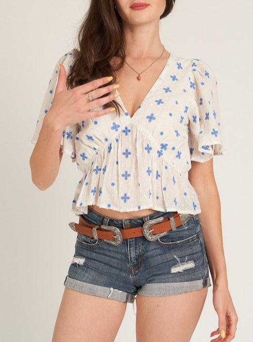 Coral Petals Short Sleeve Crop Top Blouse (Assorted Colors)