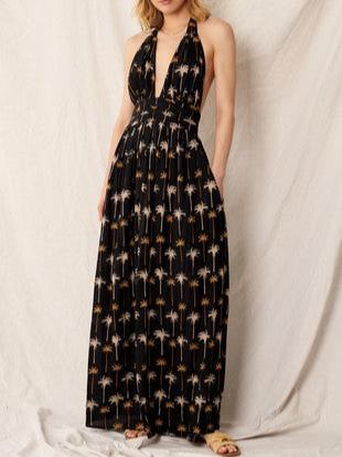 On Vacation Halter Neck Maxi Dress in Black/Multi  Shop Goldie's