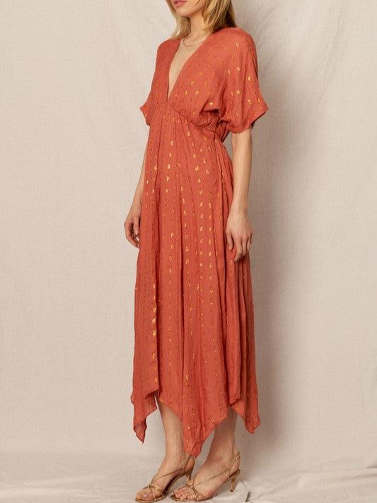 Glimpse of Gold V-Neck Short Sleeve Midi Dress (Assorted Colors)