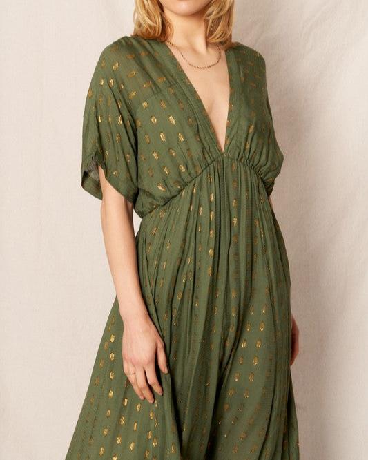 Glimpse of Gold V-Neck Short Sleeve Midi Dress (Assorted Colors)