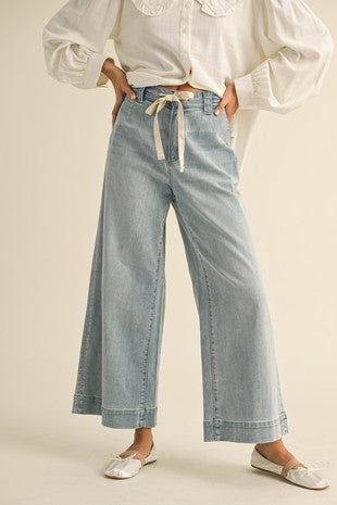 Cloud Ties Light Wash Wide Leg Tie Front Denim