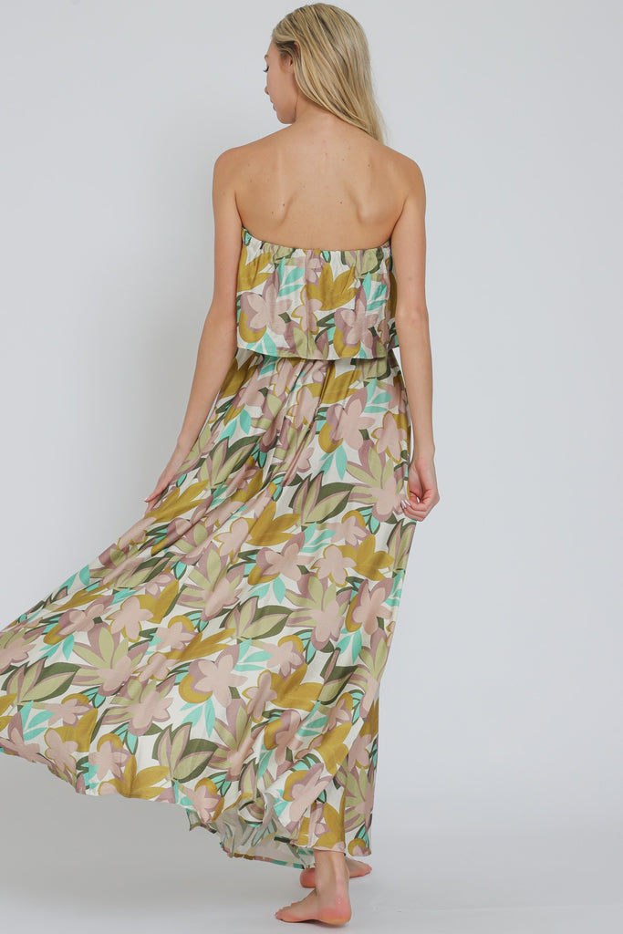 Watercolor Bloom Strapless Tassel Belted Maxi Dress
