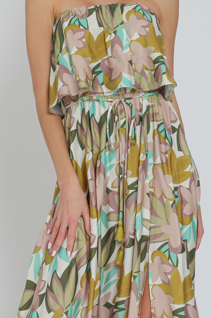 Watercolor Bloom Strapless Tassel Belted Maxi Dress