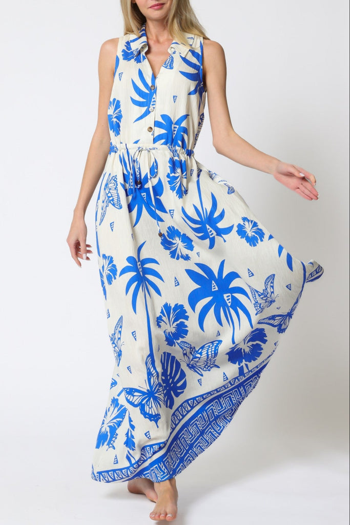 Blue Mirage Sleeveless Button Down Tie Front Waisted Jumpsuit