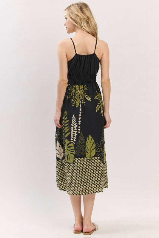 Palm Noir Smocked Midi Dress