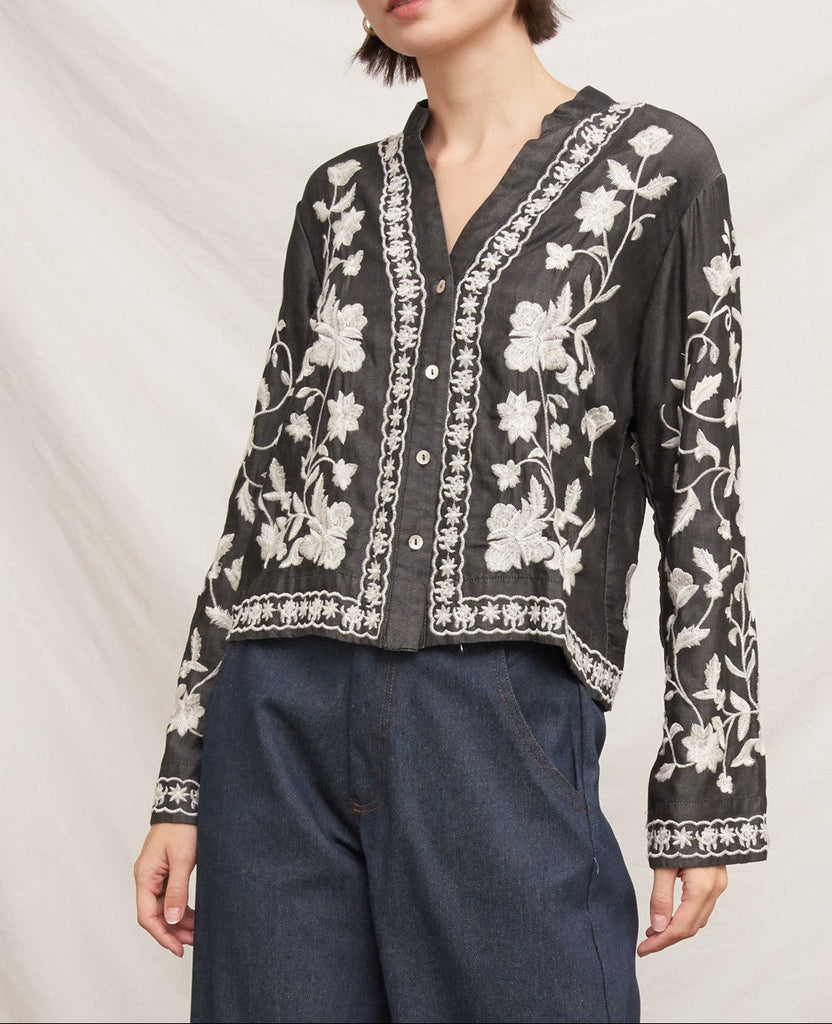 Petal Stitch Quarter Sleeve Embroidered Denim Top