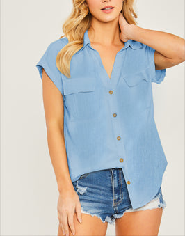 Ariana Tencel Collared Button Down Top In Denim Blue
