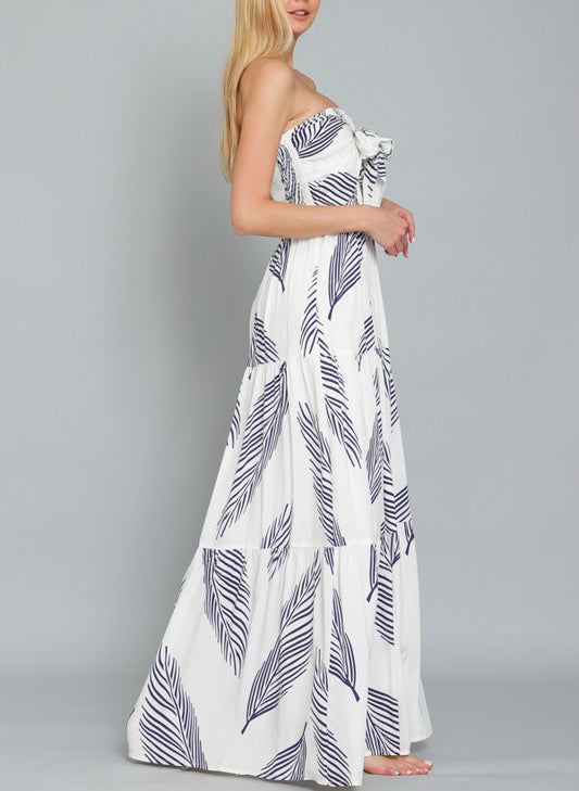 Daily Paradise Tube Smocked Tied Front Bow Tiered Maxi Dress In Ivory/Navy