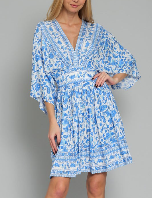 Finer Things Blue Floral Printed Bohemian Kimono Sleeve Mini Dress