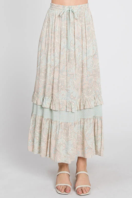 Paisley Ruffle Maxi Drawstring Skirt