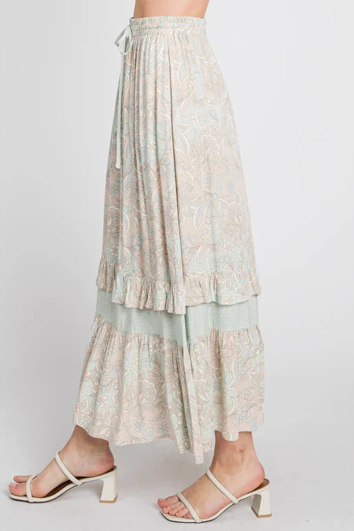 Paisley Ruffle Maxi Drawstring Skirt