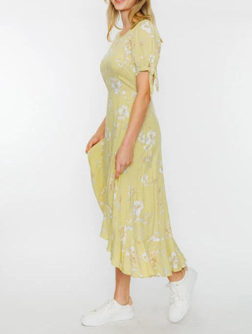 Citrus Flutter Floral Print High-Low Short Sleeve Dress