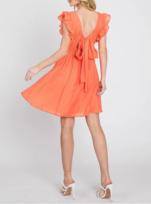 Peachy Glow Ruffle Open Back Mini Dress