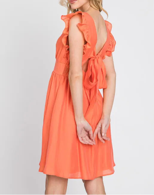 Peachy Glow Ruffle Open Back Mini Dress