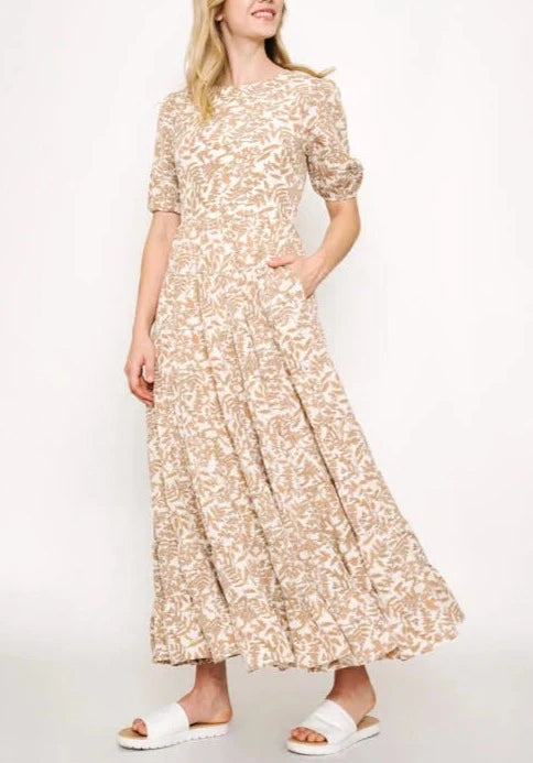 Mocha Leaves Puff Sleeve Tiered Maxi Dress
