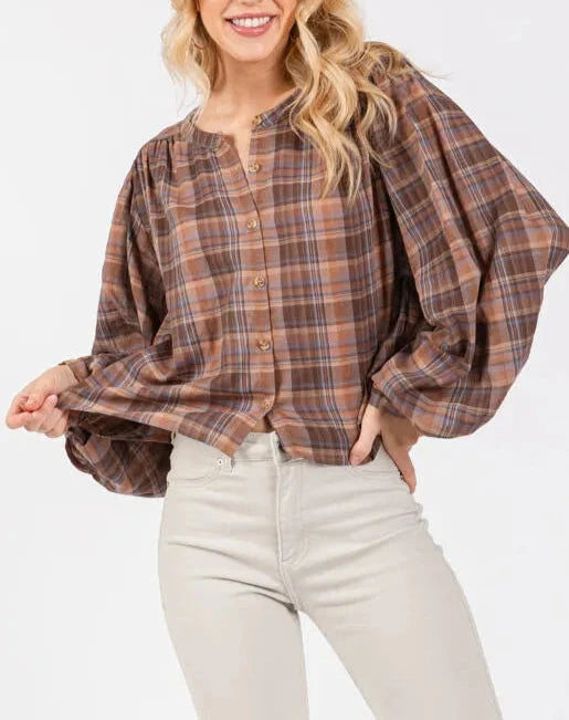 Walnut Woods Balloon Sleeve Plaid Button Up Blouse