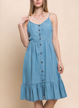 On My Level Button Front Tencel Midi Dress In Denim Blue