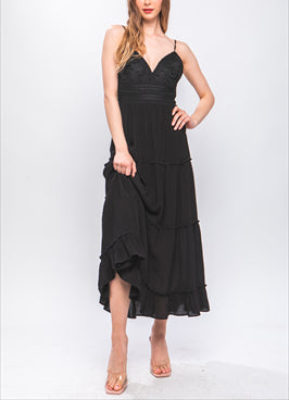 Forever Favorite Crochet Top Tiered Midi Dress In Black