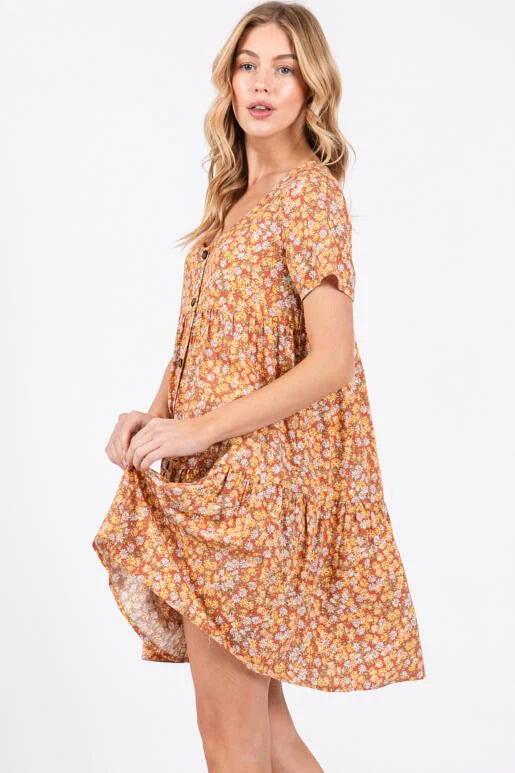 Autumn Bloom Floral Button Down Short Sleeve Mini Dress