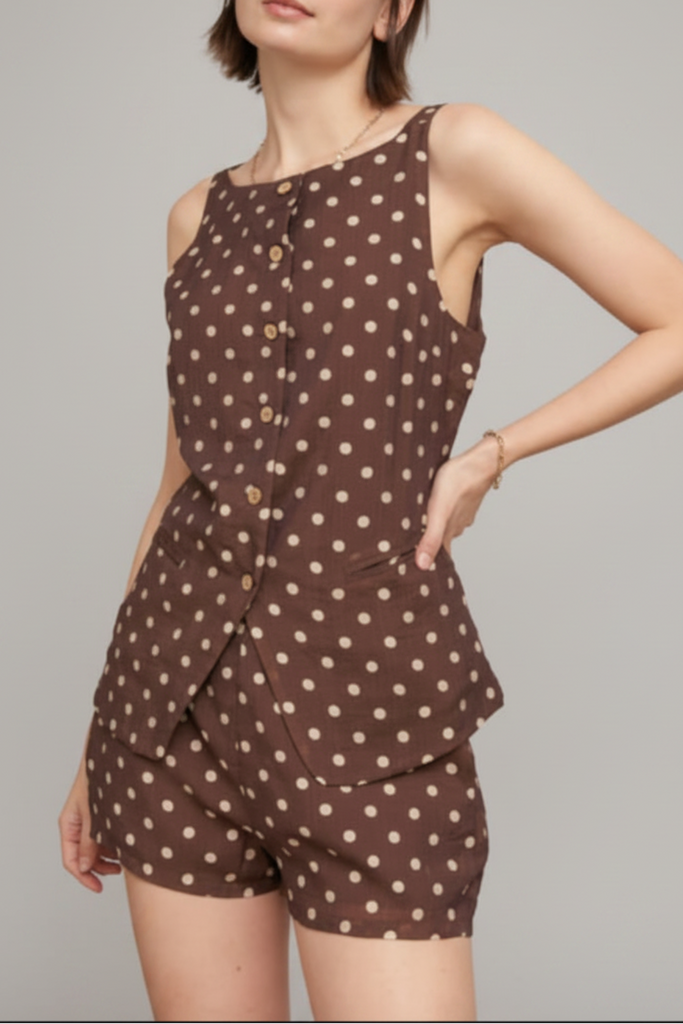 Mocha Polka Button Top