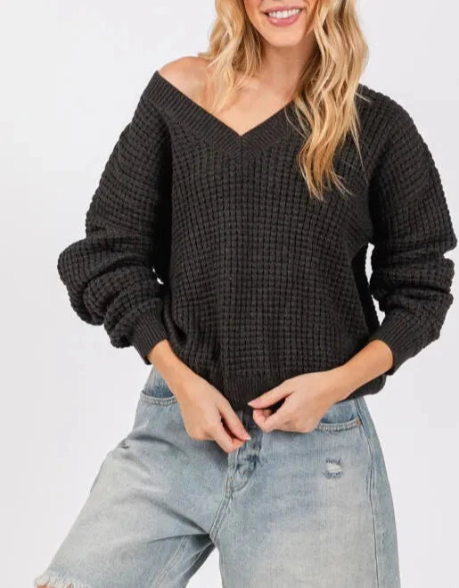 Graphite Dream Waffle Knit V-Neck Sweater in Charcoal