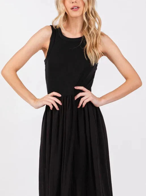 Spenser Ribbed Contrast Sleeveless Midi Dress in Black
