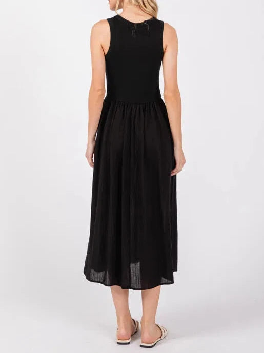 Spenser Ribbed Contrast Sleeveless Midi Dress in Black