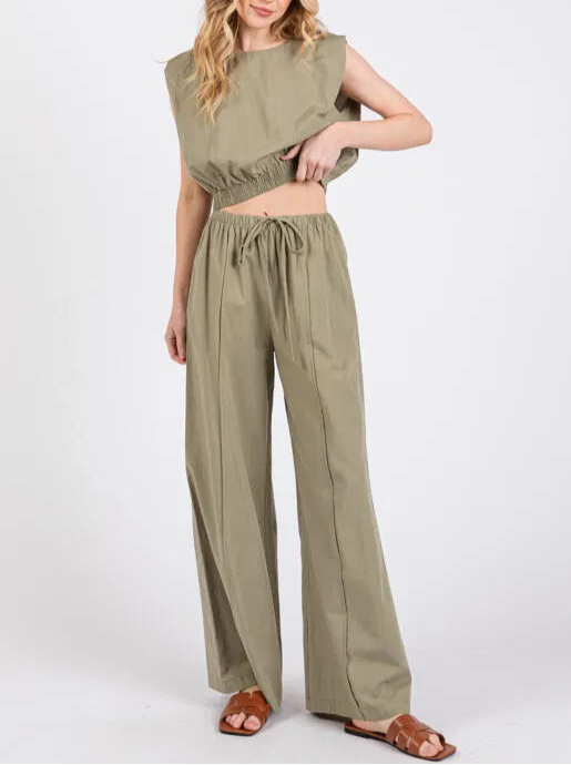 Meadow Bliss Linen Short Sleeve and Wide Leg Set in Sage