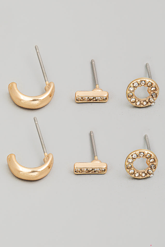 Mini Three Pair Stud Earring Set in Gold