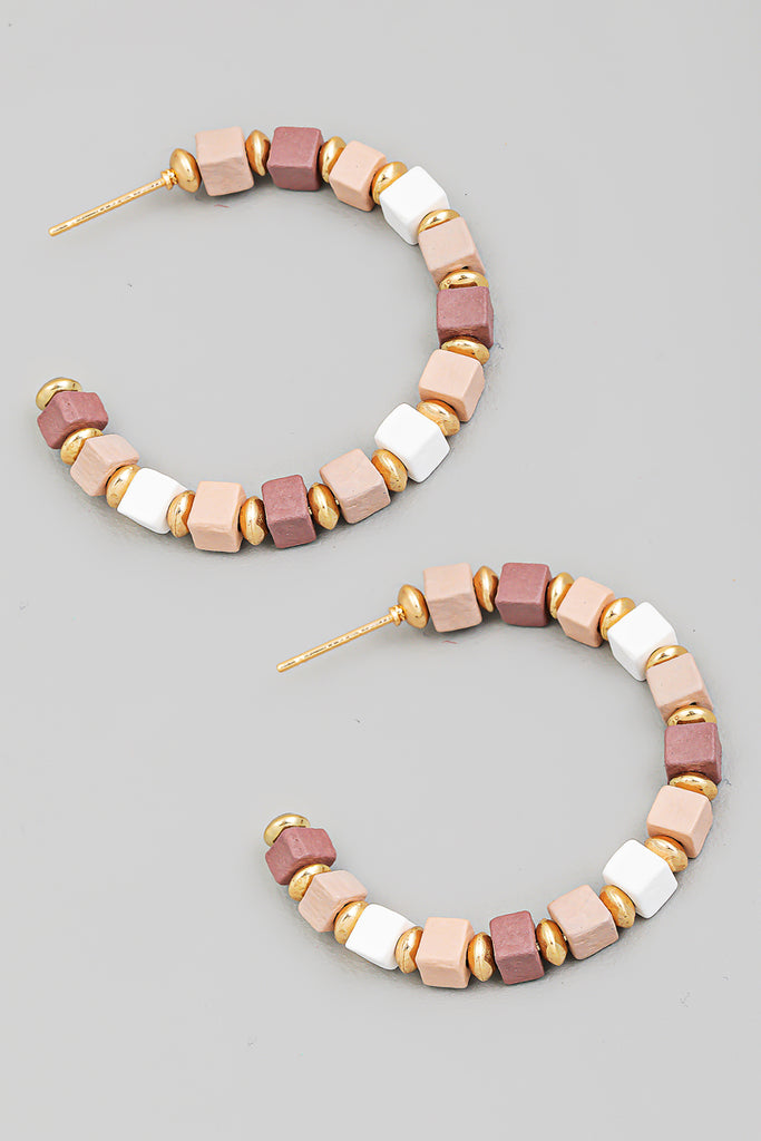 Gallery Days Wooden Beaded Hoop Earring In Beige/Gold Multi