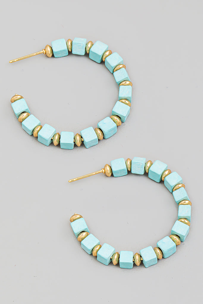 Gallery Days Wooden Beaded Hoop Earring In Teal/Gold Multi