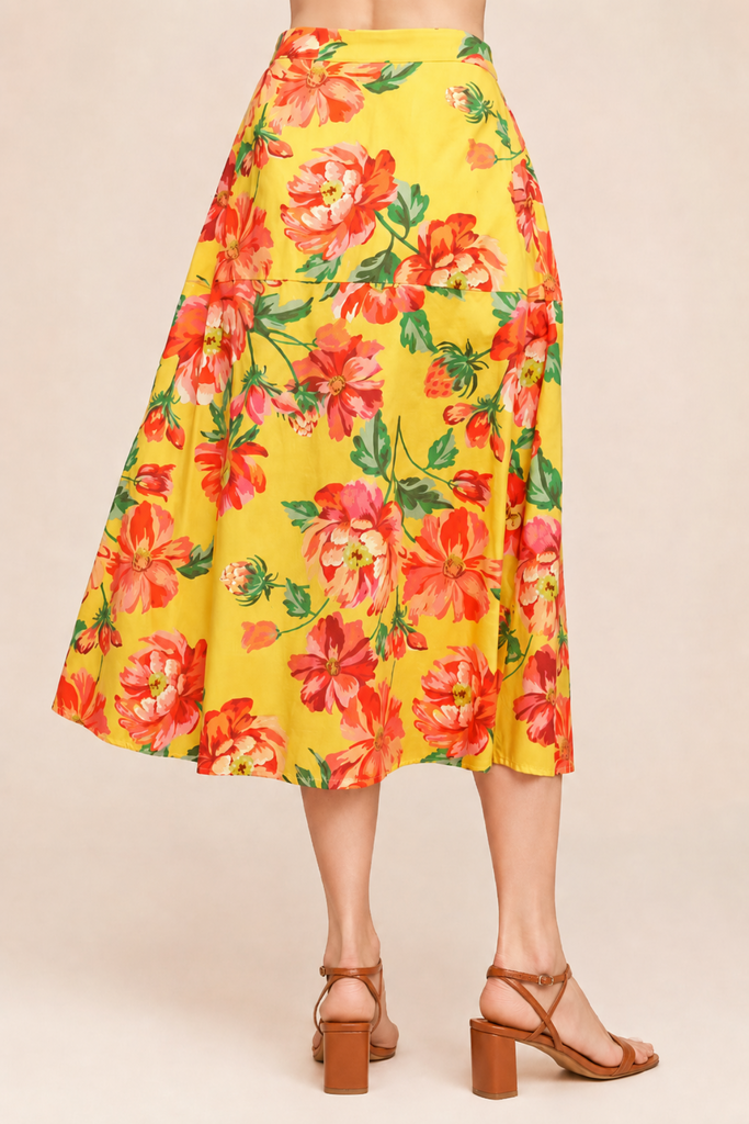 Golden Hibiscus A Line Button Front Skirt