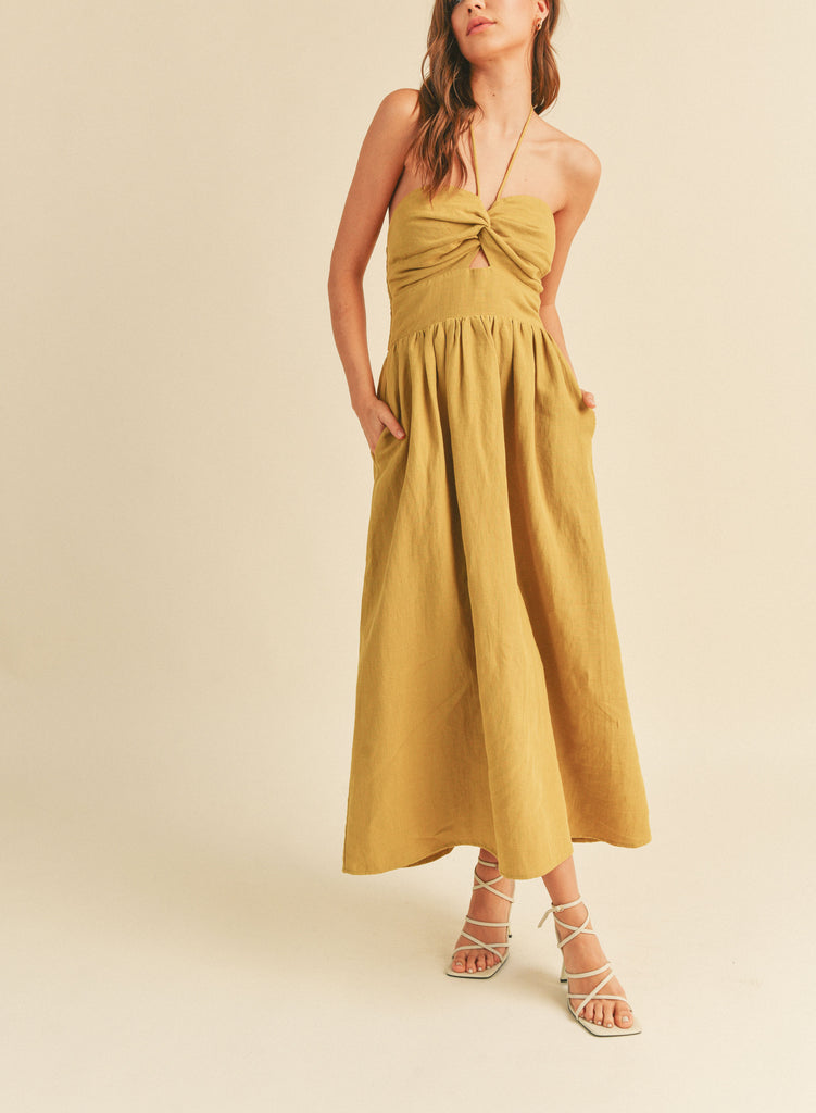 Aberdeen Front Twist Sweetheart Neckline Midi Dress In Lemon Grass