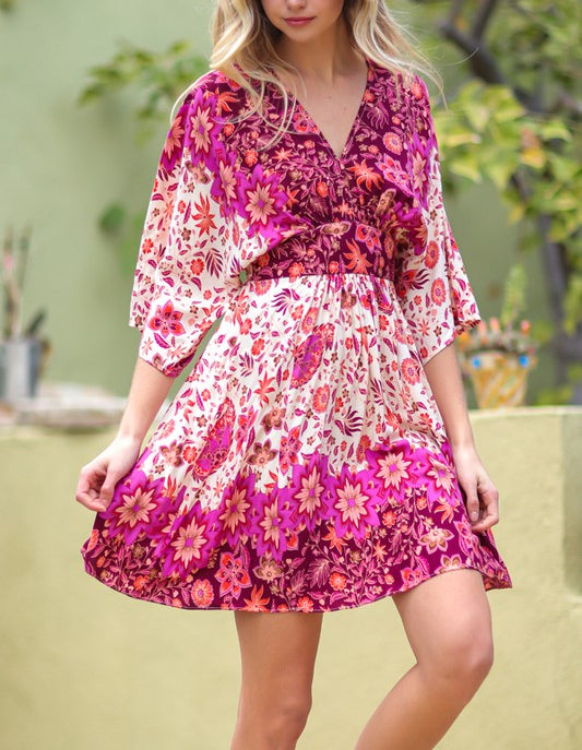 Nina V Neck Floral Printed Dress In Berry/Ivory