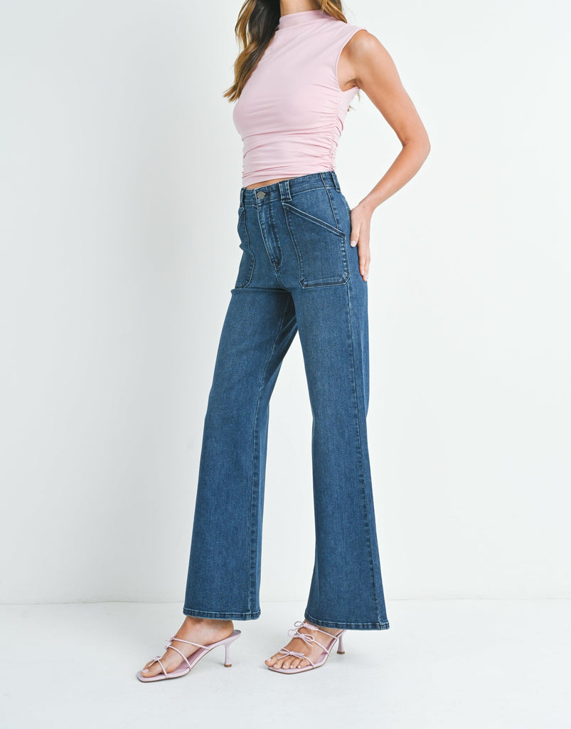 Patch Pocket High Waisted Wide Leg Flare in Dark Denim JBD
